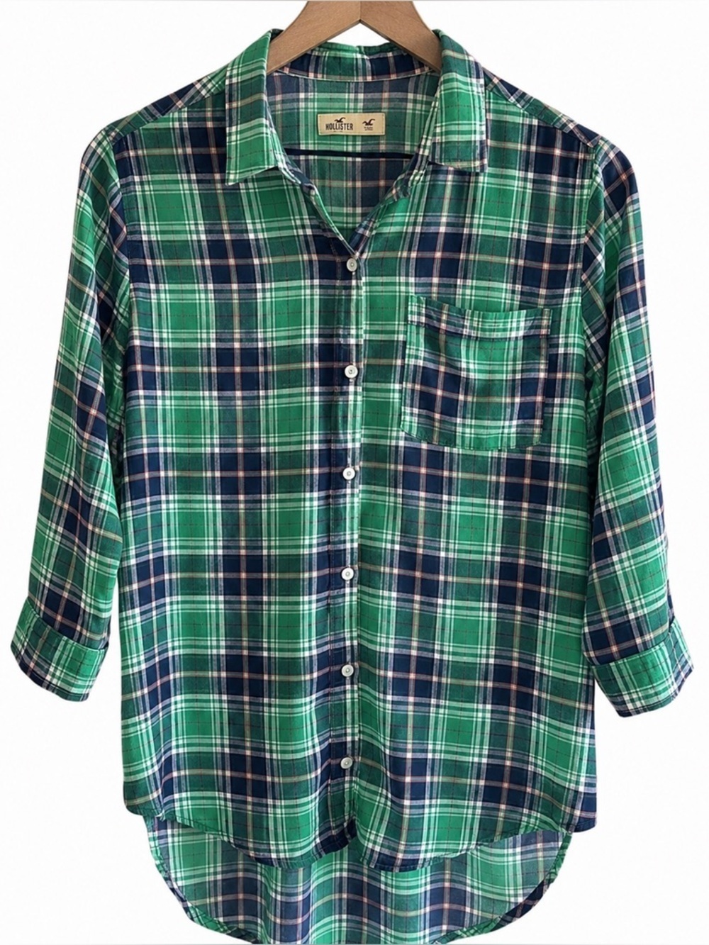 Hollister Green Plaid Sheer Button-Up Shirt Preppy Casual Women’s Size Medium